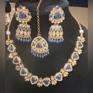 Pakistani Indian Desi Blue and Gold Bridal Necklace Set with jhumkay and tika